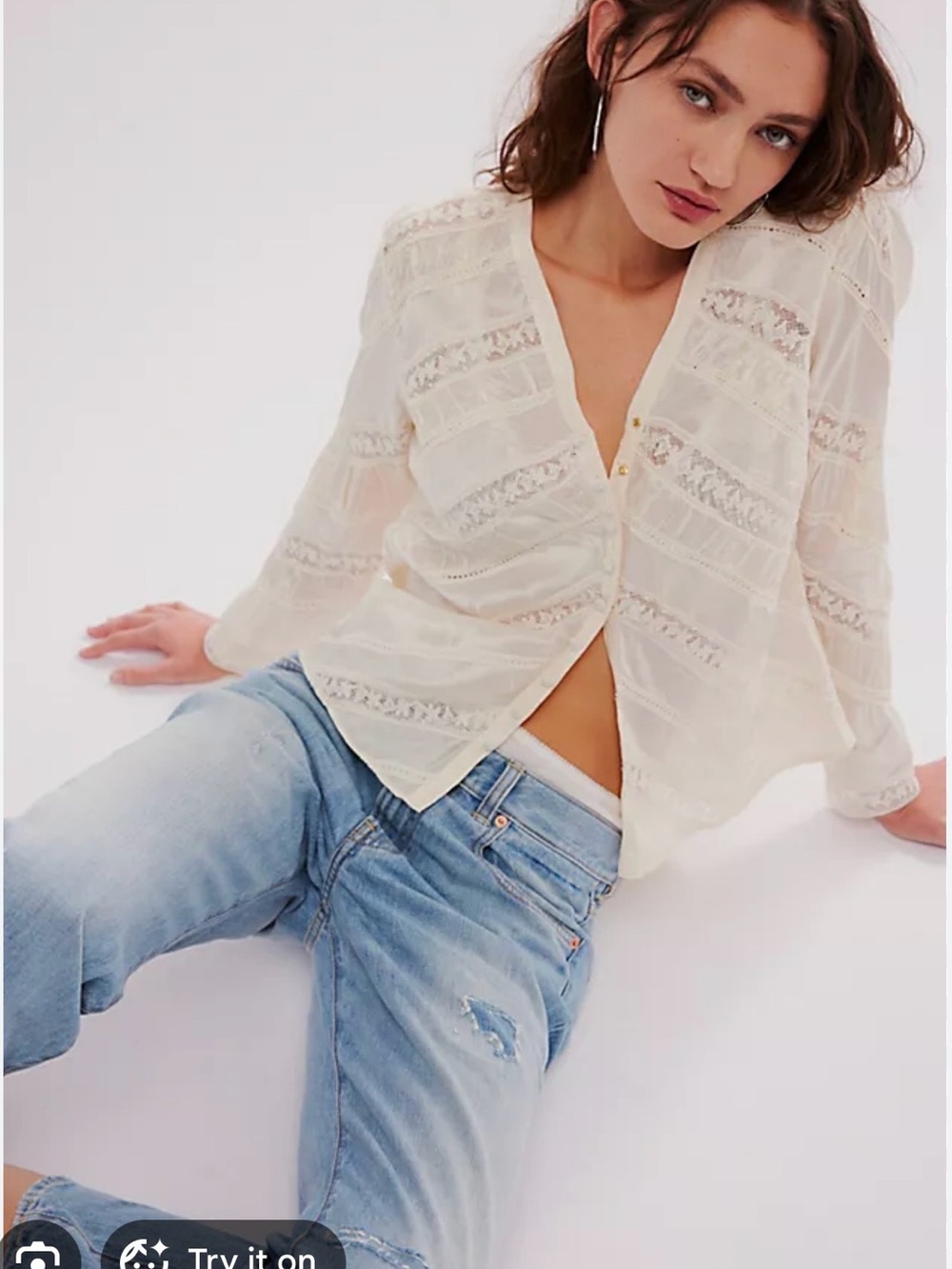 LoveShackFancy Lace-Trim V-Neck Button Blouse - size 0